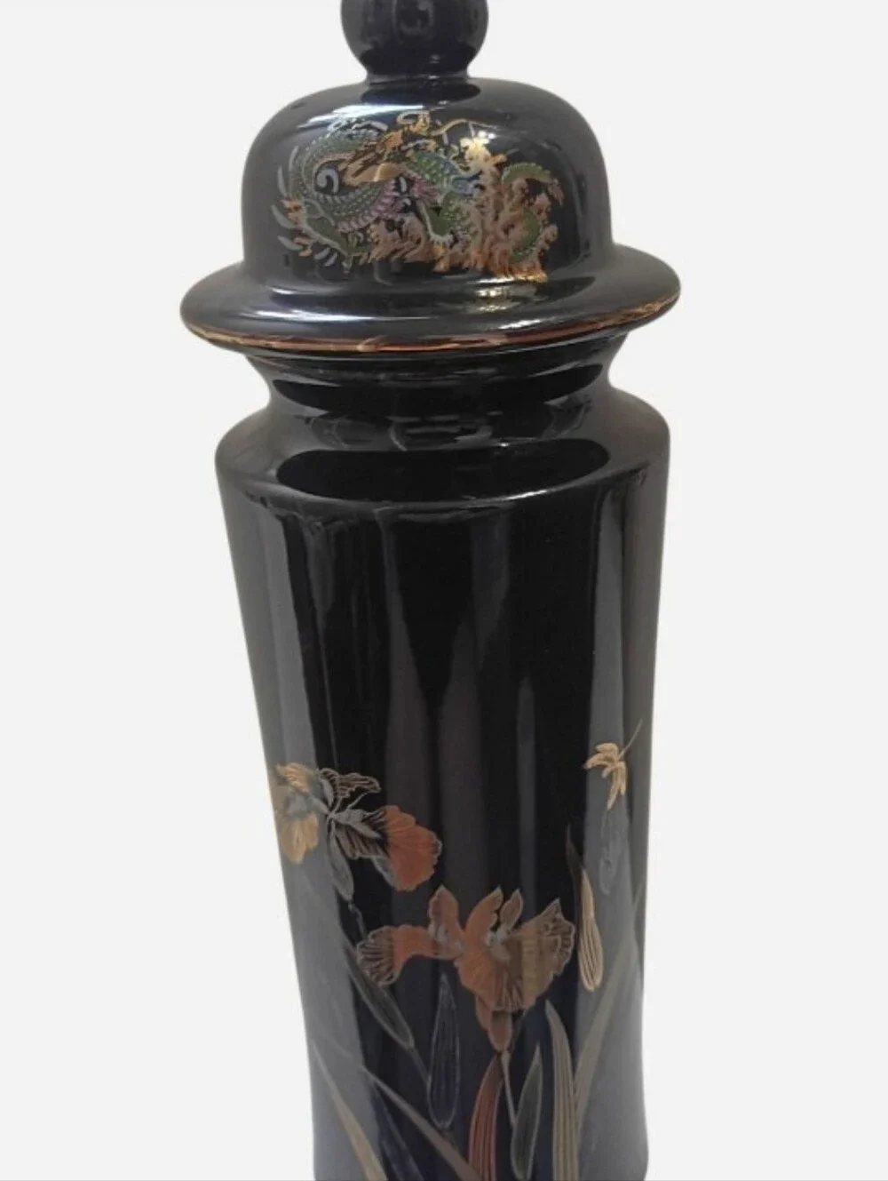 VTG Black Ceramic Japanese Lidded Gilt Vase W/Dragon Dragonfly & Iris Pattern - Picture 7 of 8
